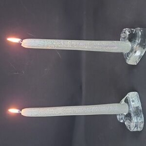 Richard Blenko Signed 2000 Clear Glass Heart Candle Holders - Set of 2